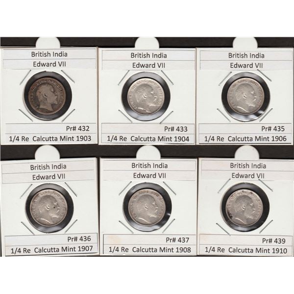 Six Coins Collection of Silver Quarter Rupee of Calcutta Mint of Different Years of King Edward VII.