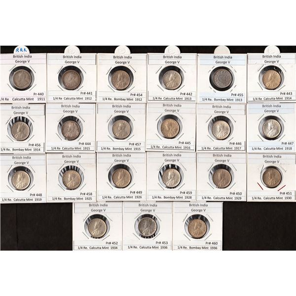 Silver Quarter Rupee Twenty-One Coins Collection of King George V of Different Mints and Years.