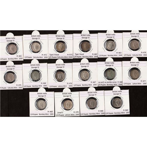 Silver and Nickel Quarter Rupee Sixteen Coins Collection of Different Years and Mints of King George