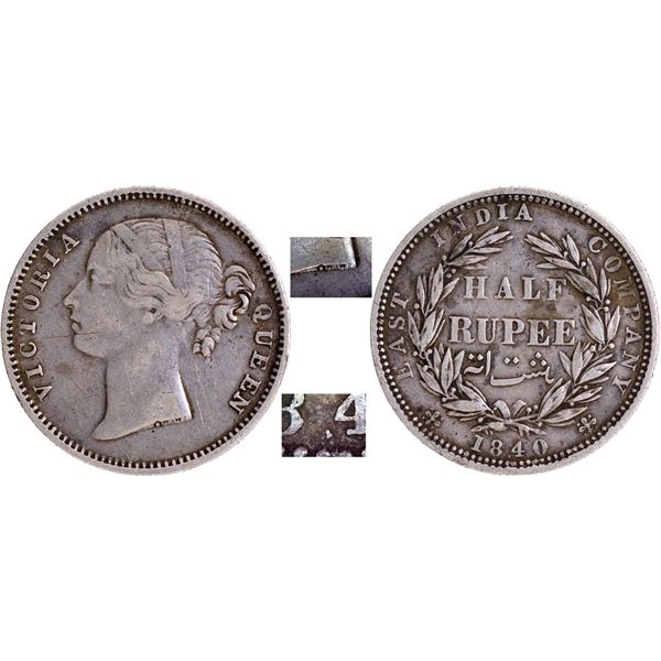 Silver Half Rupee Coin of Victoria Queen of Madras Mint of 1840 with B Raised.