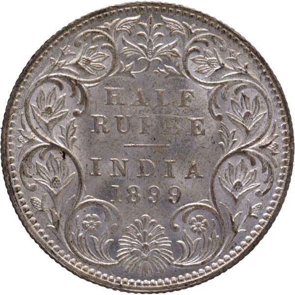 Rare Gem UNC B Incused Inverted Silver Half Rupee Coin of Victoria Empress of Bombay Mint of 1899.