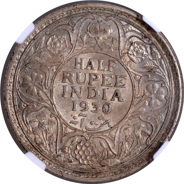 Scarce Year NGC MS 62 Graded King George V of Silver Half Rupee Coin of Calcutta Mint of 1930.