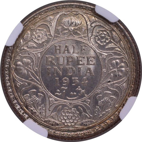Rare NGC MS 65 Graded Silver Half Rupee Coin of 1934 of Calcutta Mint of King George V.