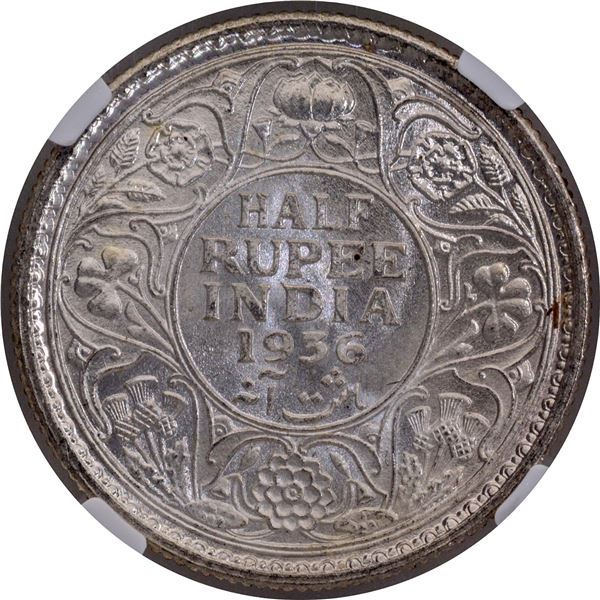 Rare NGC MS 65 Graded Silver Half Rupee Coin of King George V of Calcutta Mint of 1936.