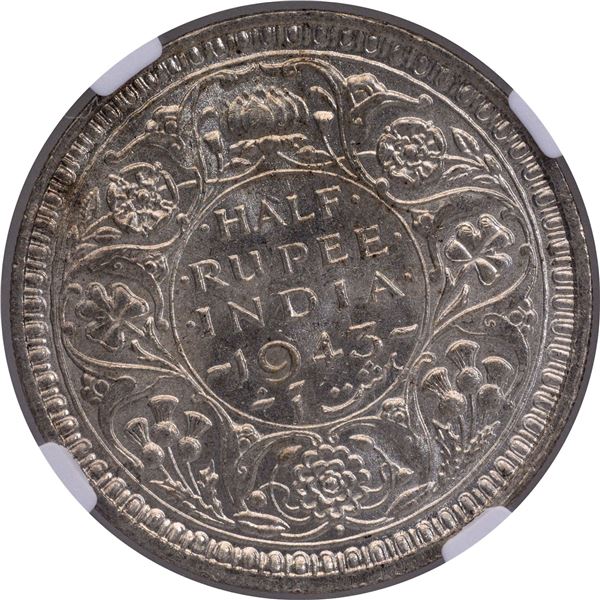 NGC MS 62 Graded Silver Half Rupee Coin of King George VI of Bombay Mint of 1943.