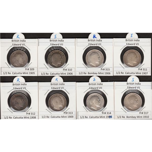 King Edward VII Silver Half Rupee Eight Coins Collection of Calcutta and Bombay Mint of Different Ye