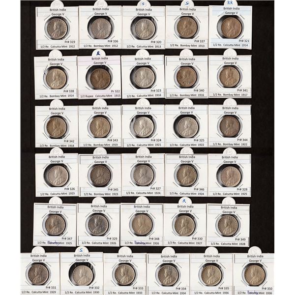 King George V Different Years Silver Half Rupee Thirty-One Coins Collection of Calcutta and Bombay M