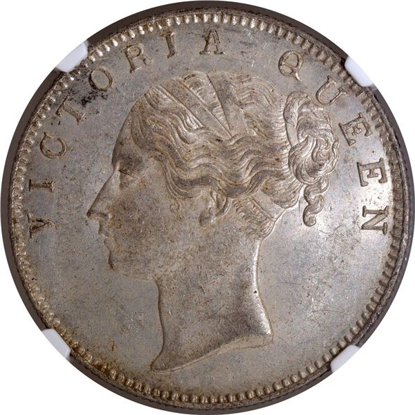 Rare NGC MS 62 Graded Continuous Legend Silver One Rupee Coin of Victoria Queen of Calcutta Mint of