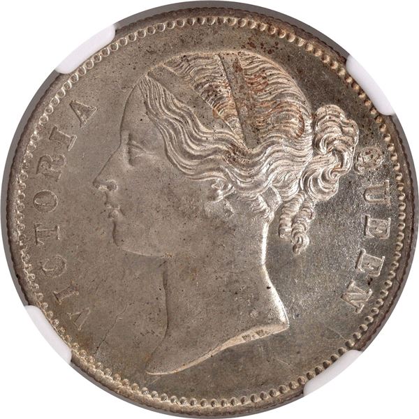 Very Rare NGC MS 64 Graded Silver One Rupee Coin of Victoria Queen of Calcutta and Bombay Mint of 18