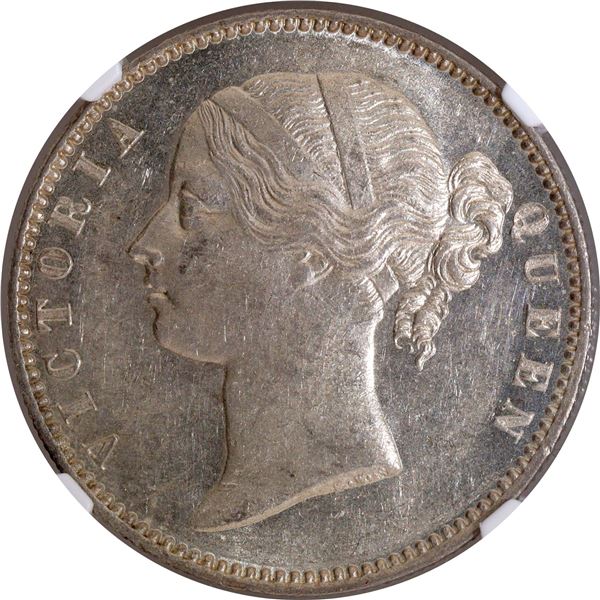 Very Rare NGC AU 58 Graded Silver One Rupee Coin of Victoria Queen of Madras Mint of 1840.