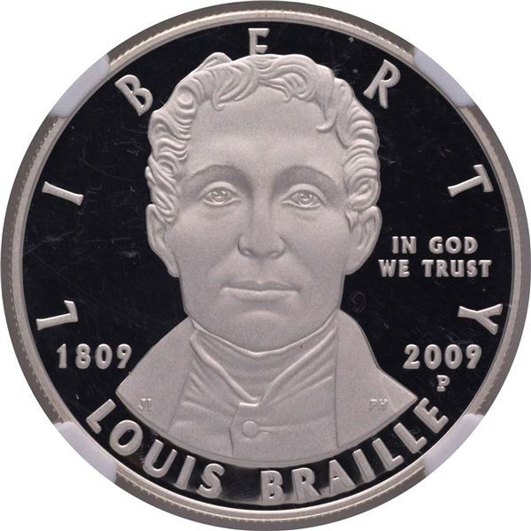 Proof Silver One Dollar Louis Braille Birth Bicentennial Coin of USA of 2009.