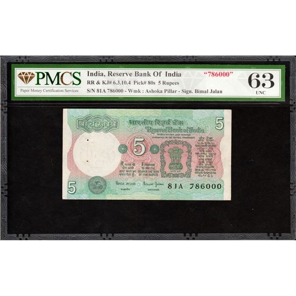 Rare Republic India Banknote of Fancy Number 786000 Signed by Bimal  Jalan of 1997-2003 with PMCS 63