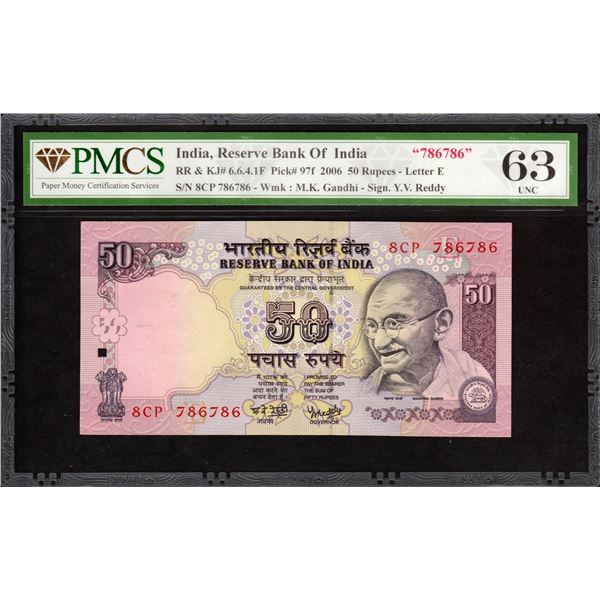 Rare Fancy Number 786786 PMCS 63 UNC Graded Fifty Rupees Banknote of 2006 Signed by Y V Reddy of Rep