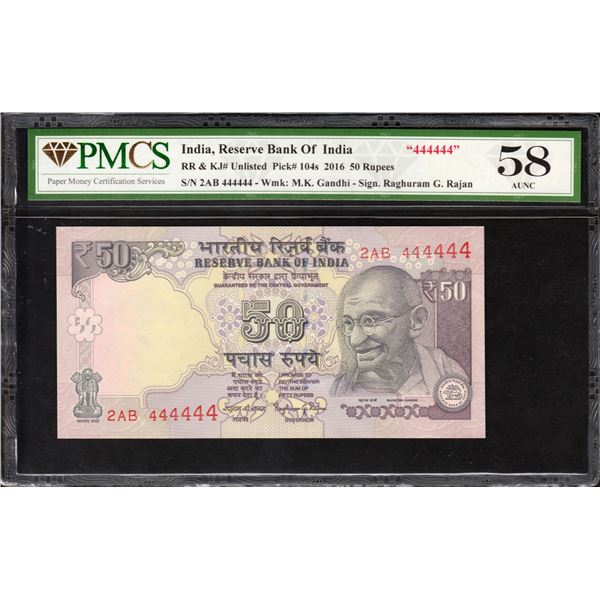 Fifty Rupees Banknote of Fancy Number 444444 of Republic India of 2016 Signed by Raghuram G Rajan.