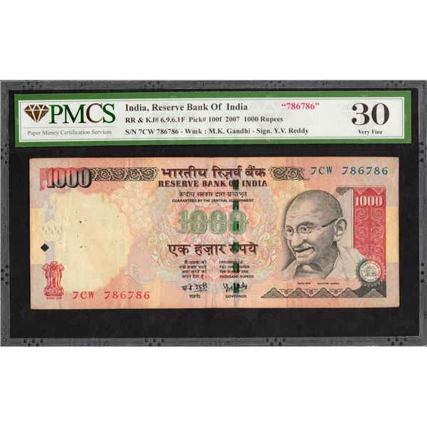Very Rare PMCS Graded 30 Very Fine One Thousand Rupees Fancy No 786786 Banknote Signed by Y V Reddy