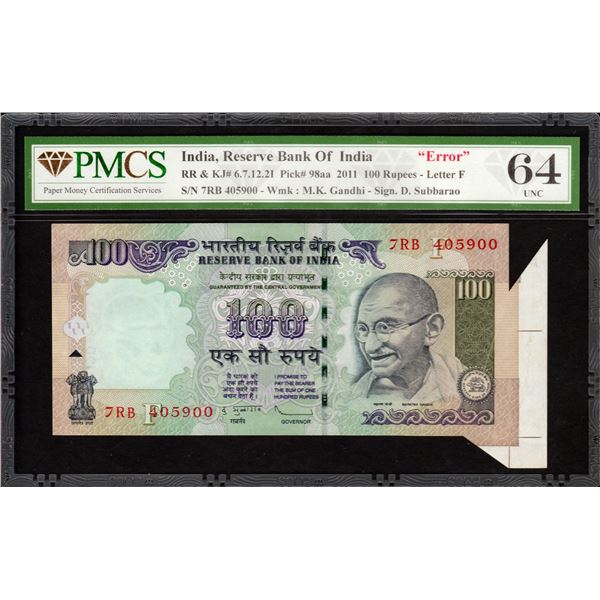 Extra Paper & Sheet Fold Cutting Error Banknote of Hundred Rupees Signed by D Subbarao of Republic I