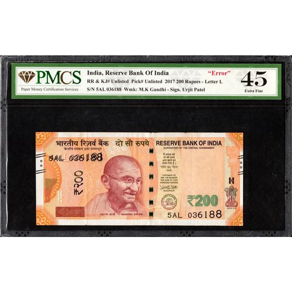 Rare Error Two Hundred Rupees Bank Note of Signed by Urjit R. Patel of 2017.