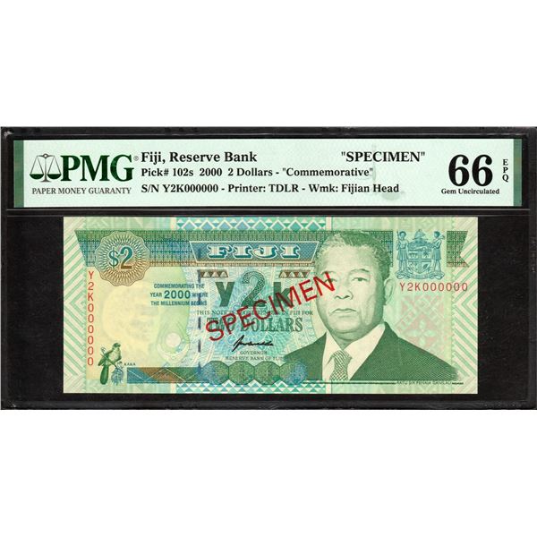 Rare PMG Graded 66 Two Dollars Specimen Banknote of Fiji of 2000.