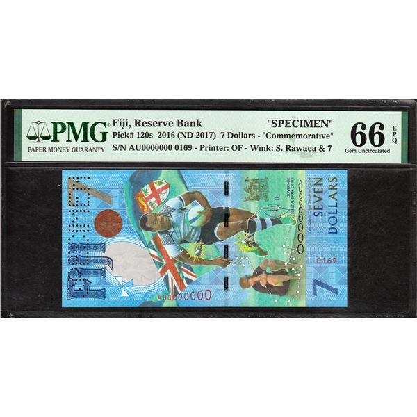 Rare PMG Graded 66 Seven Dollars Specimen Banknote of Fiji of 2016.
