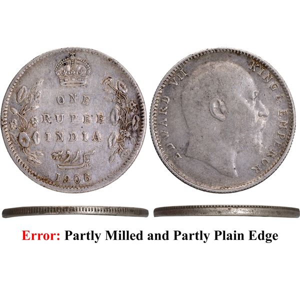 Rare Edge Error Silver One Rupee Coin of King Edward VII of Bombay Mint of 1906.