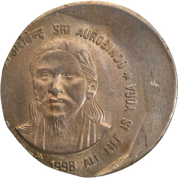 Republic India 1998 Copper Nickel 2 Rupees Coin with planchet shift error.