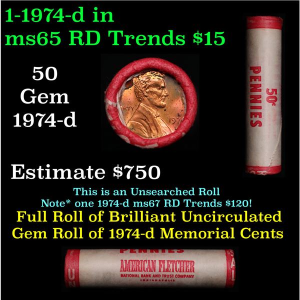 Shotgun Lincoln 1c roll, 1974-d 50 pcs American Fletcher Wrapper.