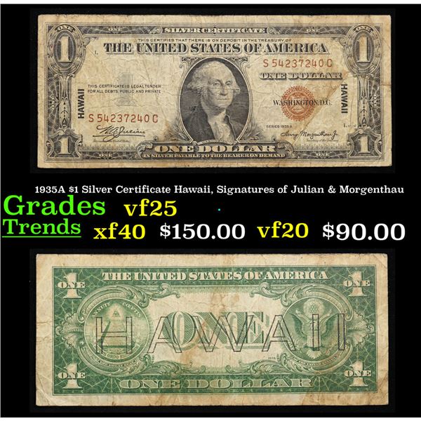 1935A $1 Silver Certificate Hawaii, Signatures of Julian & Morgenthau Grades vf+