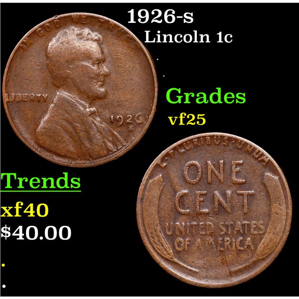 1926-s Lincoln Cent 1c Grades vf+