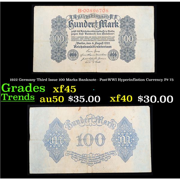 1922 Germany Third Issue 100 Marks Banknote - Post-WWI Hyperinflation Currency P# 75 Grades xf+
