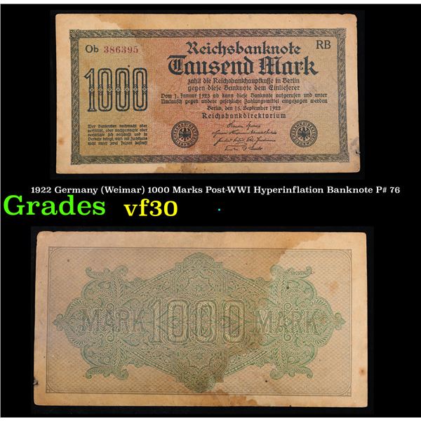 1922 Germany (Weimar) 1000 Marks Post-WWI Hyperinflation Banknote P# 76 Grades vf++