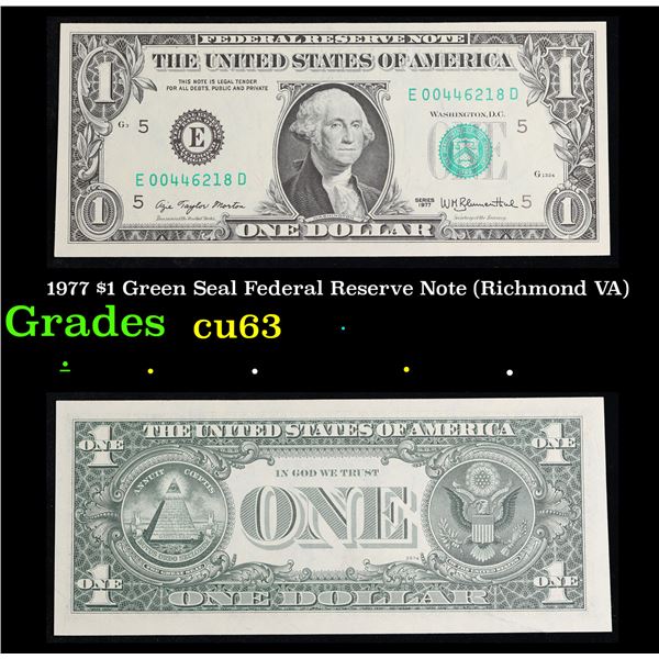 1977 $1 Green Seal Federal Reserve Note (Richmond VA) Grades Select CU