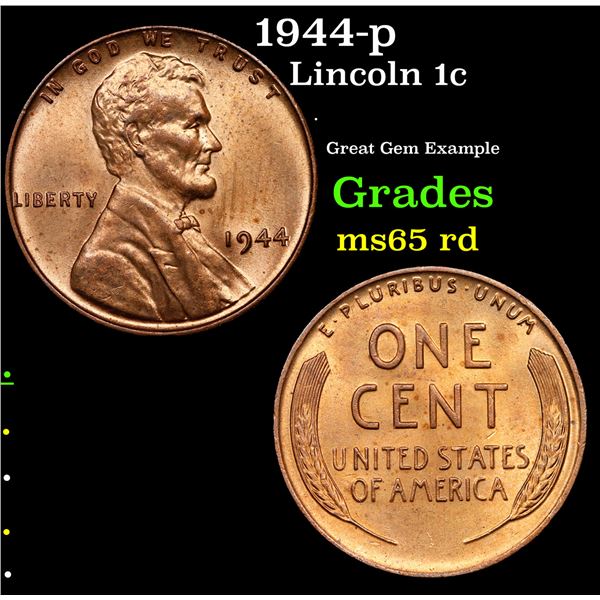 1944-p Lincoln Cent 1c Grades GEM Unc RD