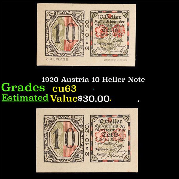 1920 Austria 10 Heller Note Grades Select CU