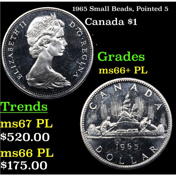 1965 Small Beads, Pointed 5 Canada Dollar $1 Grades GEM++ PL
