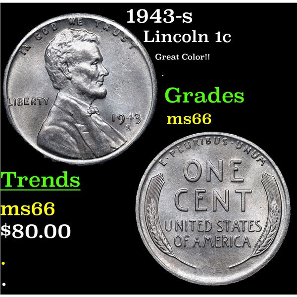 1943-s Lincoln Cent 1c Grades GEM+ Unc