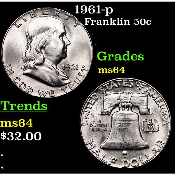 1961-p Franklin Half Dollar 50c Grades Choice Unc