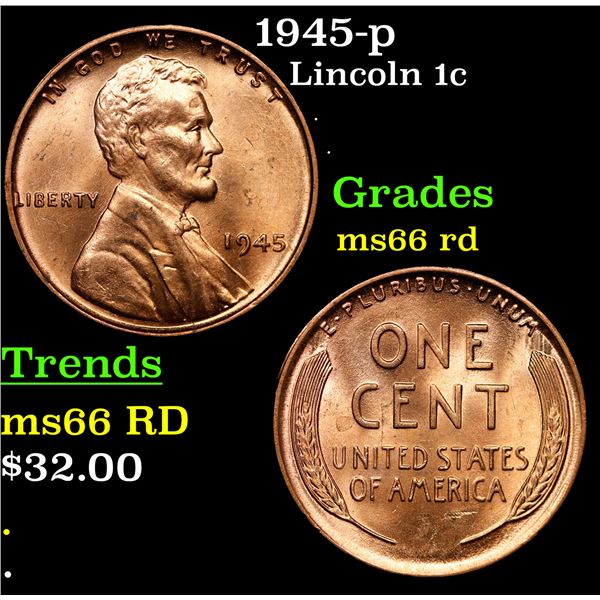 1945-p Lincoln Cent 1c Grades GEM+ Unc RD