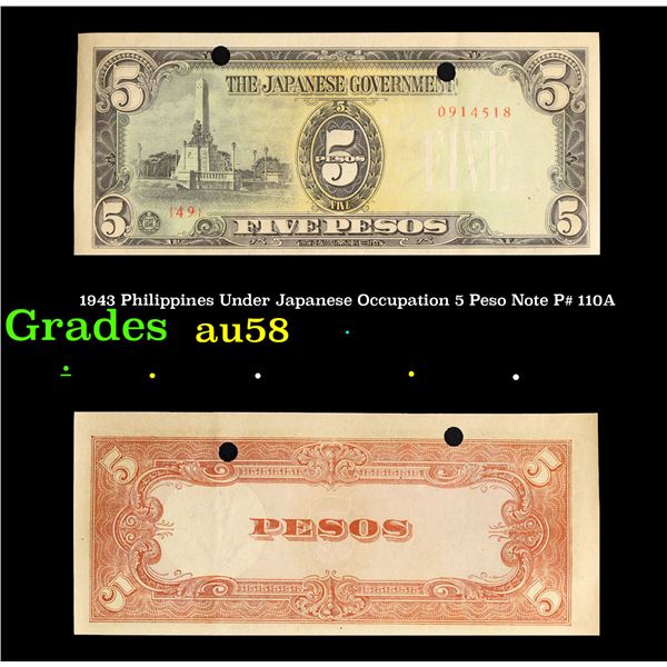 1943 Philippines Under Japanese Occupation 5 Peso Note P# 110A Grades Choice AU/BU Slider