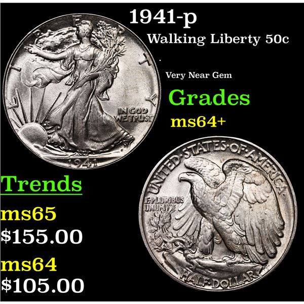 1941-p Walking Liberty Half Dollar 50c Grades Choice+ Unc