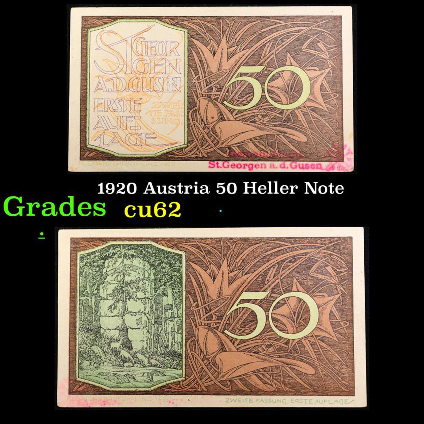 1920 Austria 50 Heller Note Grades select CU