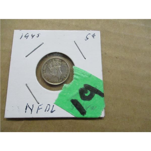 1945 NEWFOUNDLAND SILVER FIVE CENT COIN