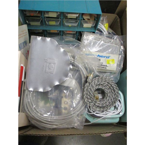 BOX C/W MISC ITEMS, CABLE, ETC
