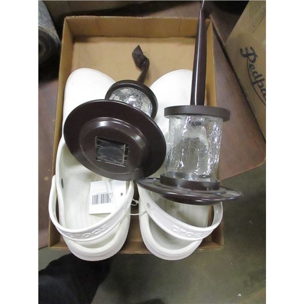 BOX C/W CROCS (SIZE 12, 2 SOLAR YARD LITES, ETC