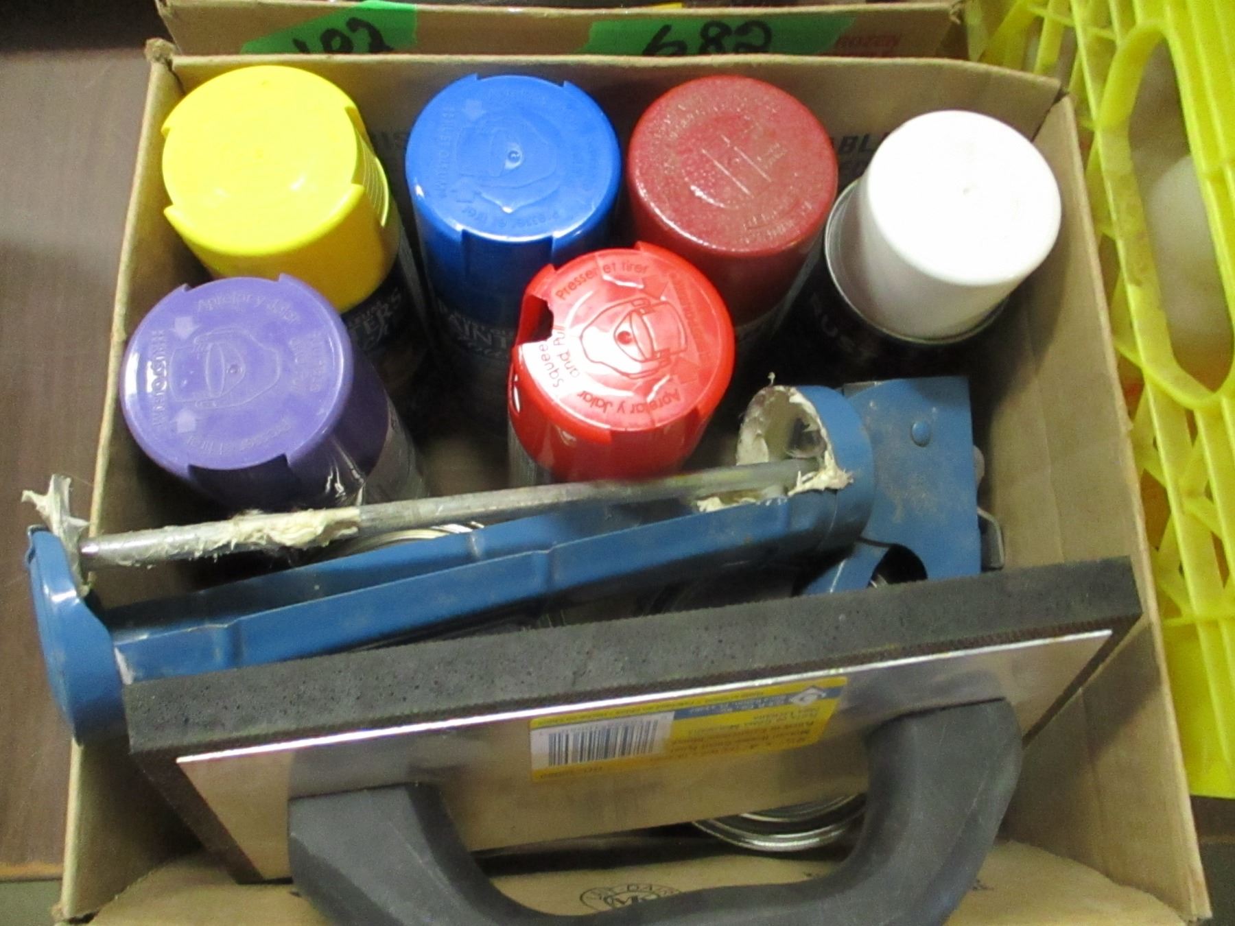 PAINT, CAULKING GUN, SANDING BLOCK, ETC