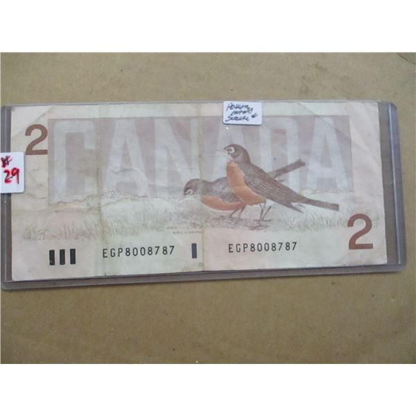 1986 KEY POKER HAND SERIAL NUMBER $2 BILL