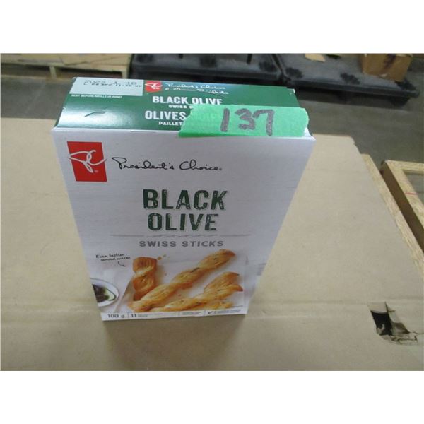 SHELF PULLS (AS IS):  BLACK OLIVE SWISS STICKS (100G) - BOX