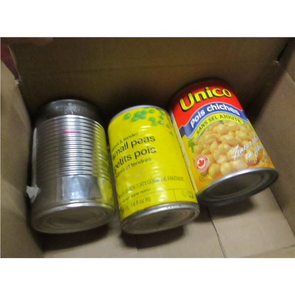 SHELF PULLS (AS IS):  BOX C/W 3 CANS VARIOUS GOODS