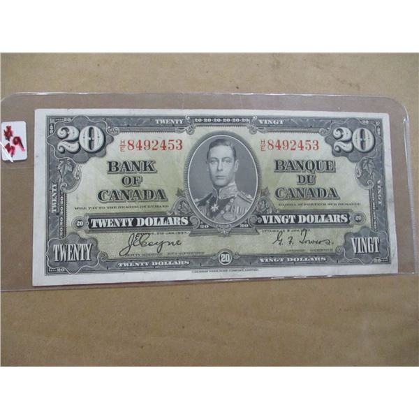 1937 BANK OF CANADA KING GEORGE VI LEGAL TENDER $20 BILL