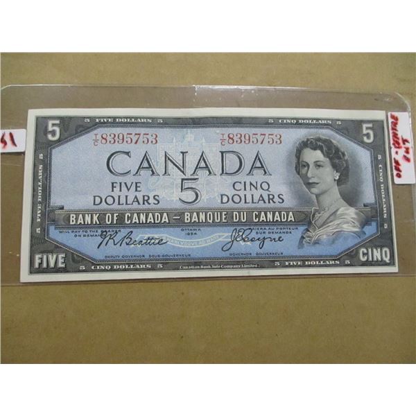 1954 BANK OF CANADA (OFF CENTER CUT) LEGAL TENDER $5 BILL