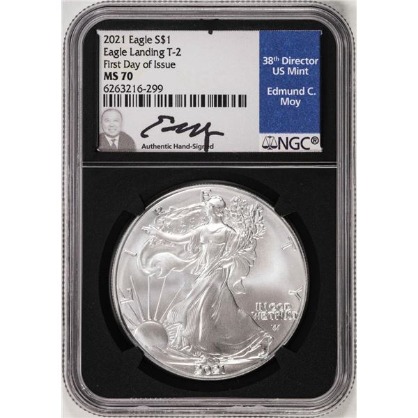 2021 Type 2 $1 American Silver Eagle Coin NGC MS70 FDOI Edmund Moy Signature